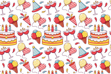 Happy Birthday. Patterns of cake, clown, ice cream, balloons, gifts, wine and candy