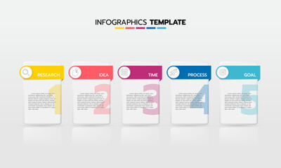 Business infographic template process with simple geometry square, rectangle, circle, triangle, curves in flat design template with thin line icons and 5 options or steps. Vector illustration.