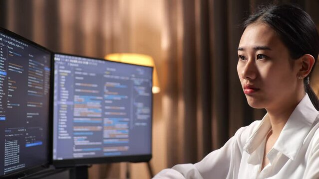 Close Up Of Asian Woman Programmer Creating Innovative Software Engineer Developing App, Program, Video Game On Desktop Computer At Home. Terminal With Coding Language 
