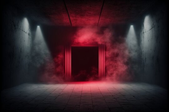 Dark stage, dark blue background, empty dark stage, neon lights and spotlights. A concrete floor and a smoke-filled studio room raise the texture of the interior for product demos