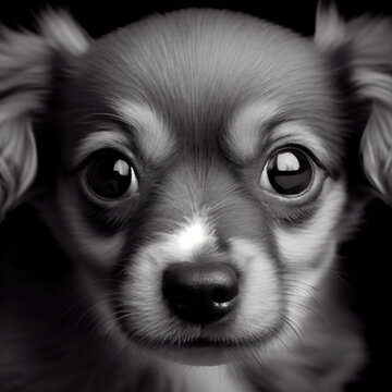 Adorable Chihuahua Mix Puppy Dog Looking at Camera Black and White Portrait Generative AI