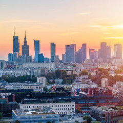Fototapeta na wymiar Warsaw city center at sunset, aerial landscape