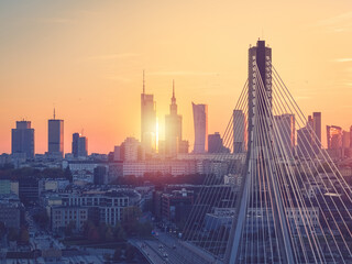 Warsaw city center at sunset, aerial landscape