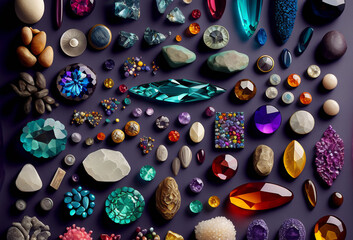 A collection of crystals and gemstones, lay flat design. Generative ai - obrazy, fototapety, plakaty
