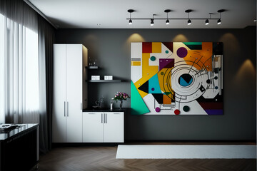 Modern interior design with painting in Kandinsky and Malevich style 