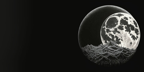 full moon, white pencil illustration on black background, banner, Generative AI