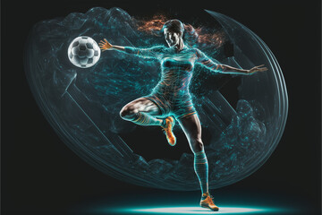 A futuristic young female soccer player hologram playing with a soccer ball. Generative ai