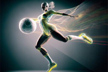 A futuristic young female soccer player hologram playing with a soccer ball. Generative ai