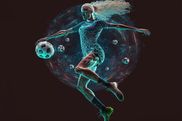 A futuristic young female soccer player hologram playing with a soccer ball. Generative ai
