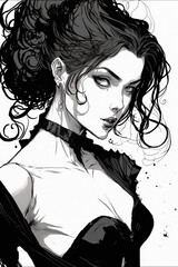 Beautiful gothic curly woman black and white illustration. Ai generated
