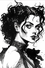 Beautiful gothic curly woman black and white illustration. Ai generated