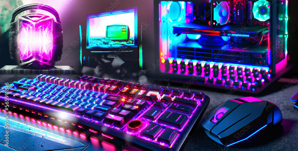 Poster Set of Enthusiast Computer with Mechanical Keyboard, Gaming Mouse, Neon Glowing Lights, Generative AI