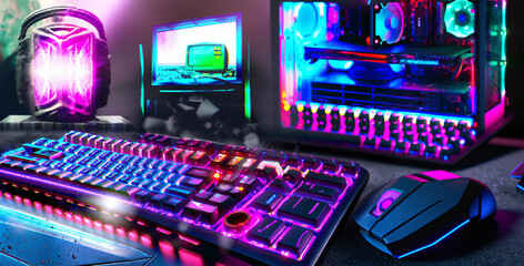Fototapeta na wymiar Set of Enthusiast Computer with Mechanical Keyboard, Gaming Mouse, Neon Glowing Lights, Generative AI