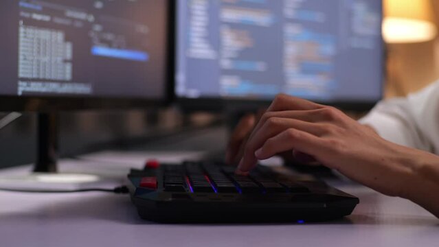 Close Up Of Female Programmer'S Hands Typing On Desktop Computer Creating Software Engineer Developing App, Program, Video Game At Home. Terminal With Coding Language 
