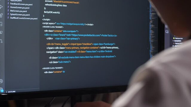 Close Up Of Desktop Computer'S Monitor Showing Script Creating Software Engineer Developing App, Program, Video Game At Home. Terminal With Coding Language 
