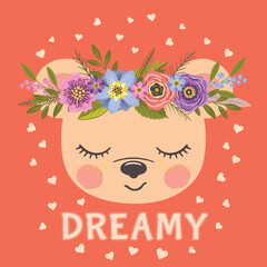 Cute bear with flower wreath. Dreamy little girl