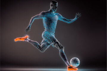 Obraz premium A futuristic young male soccer player hologram playing with a soccer ball. Generative ai
