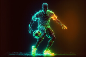 A futuristic young male soccer player hologram playing with a soccer ball. Generative ai