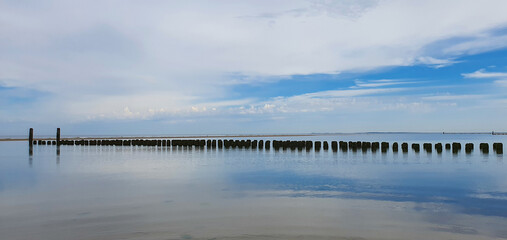 Wooden groynes in calm water with reflection on the dutch coast