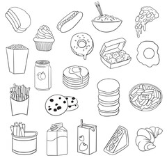 Vector illustration set of food items, desserts and drinks. painted on a white background