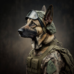 Studio portrait of dog soldier wearing a army uniform. Generative AI