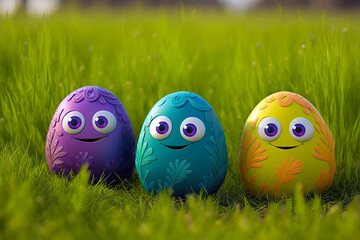 Easter egg character. Cute adorable easter background. Group of colorful eggs cartoons characters - obrazy, fototapety, plakaty