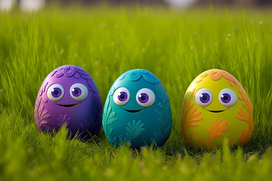 Easter egg character. Cute adorable easter background. Group of colorful eggs cartoons characters