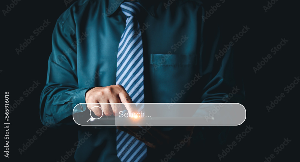 Poster data search technology search engine optimization. man hand holding magnifying glass to searching fo