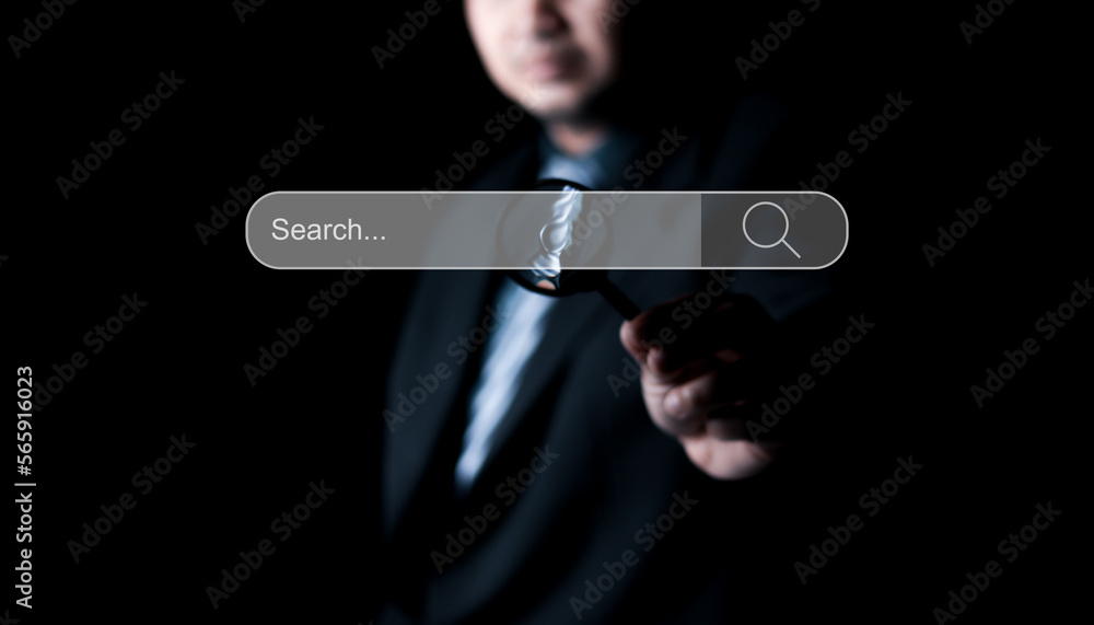 Poster data search technology search engine optimization. man hand holding magnifying glass to searching fo