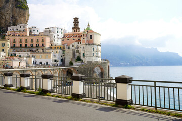 Beautiful view of promenade of Atrani village on Amalfi Coast, Italy