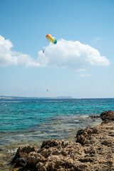 View on seashore with blue crystal clear water on Mediterranean sea near Nissi Beach, Ayia Napa, Cyprus