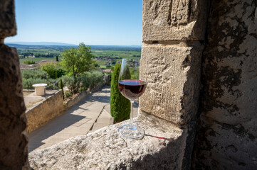 Glass of red dry wine and ruins of medieval castle of Châteauneuf-du-Pape ancient wine making village in France