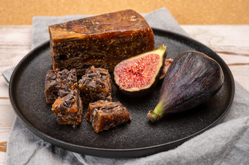 Dark dried figs bread with chocolate, sweet dessert, pairing with Dutch old cheeses