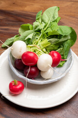 Fresh washed white and red radish vegetables ready to eat close up