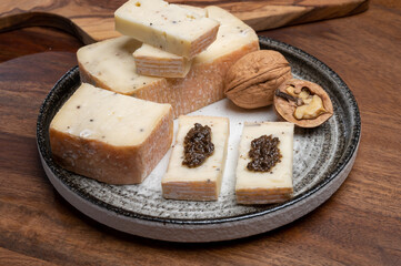 Italian cheese collection, yellow taleggio cheese with black truffles mushrooms