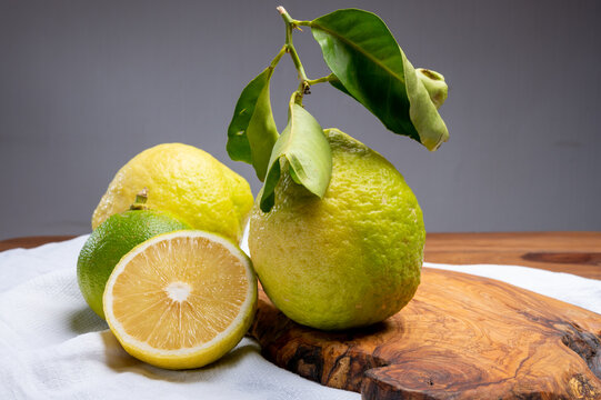 Variety of citrus fruits, bergamot and lemon citron cedrate or Citrus medica, large fragrant citrus fruit with thick rind
