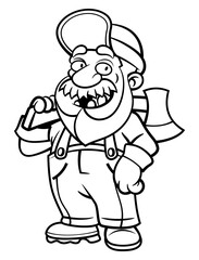 Cartoon illustration of Lumberjack wearing cap, flannel shirt, and jumper jeans. carrying a Big Ax with his shoulder. Best for outline, logo, and coloring book with illegal loggings theme