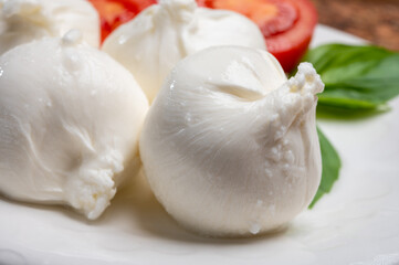 Eating of fresh handmade soft Italian cheese from Puglia, white balls of burrata or burratina cheese made from mozzarella and cream filling