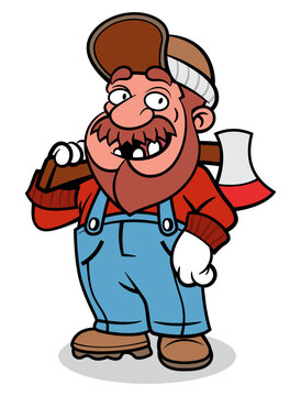 Cartoon illustration of Lumberjack wearing cap, flannel shirt, and jumper jeans. carrying a Big Ax with his shoulder. Best for sticker, logo, and mascot with illegal loggings theme