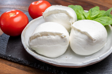 White balls of Italian soft cheese Mozzarella di Bufala Campana served with fresh green basil and red tomato