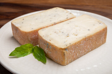 Italian cheese collection, yellow taleggio cheese with black truffles mushrooms