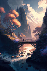 wooden bridge in the fantasy land.Generative AI