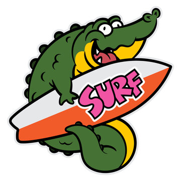 Cartoon illustration of Funny Alligator posing with surfboard. Best for sticker, logo, and mascot with summer vacation themes