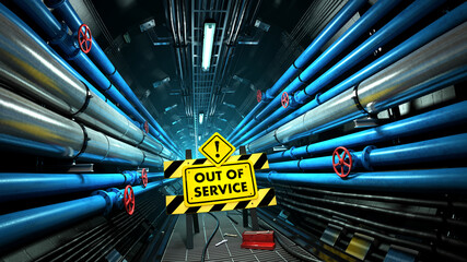 Closed blue industrial service tunnel with out of service sign