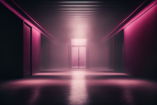 Dark empty large room, dim light, pink tint, mist, background
