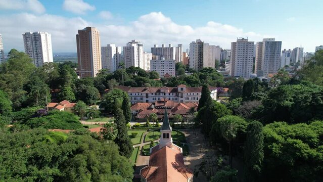 Aerial view of Parque Vicentina Aranha, in Sao Jose dos Campos, Brazil. Chapel and Old Sanatorium.