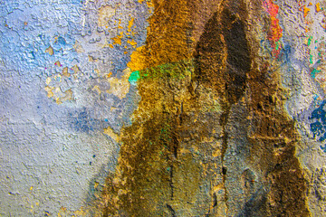 Abstract background. Closeup fragment of cracked and peeling painted wall.