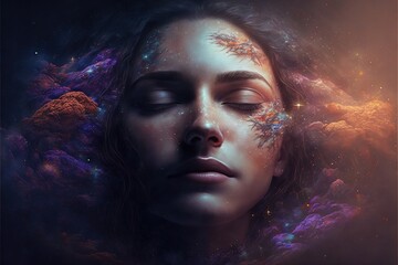 Lucid dreaming astral projection close up woman meditation illustration generative ai