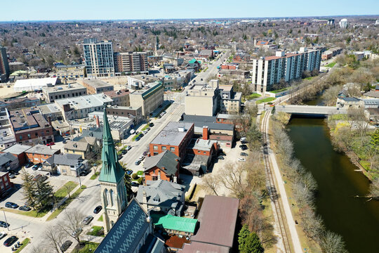Aerial scene of Guelph, Ontario, Canada in late autumn