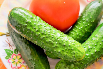 Fresh cucumber and tomato on a plate